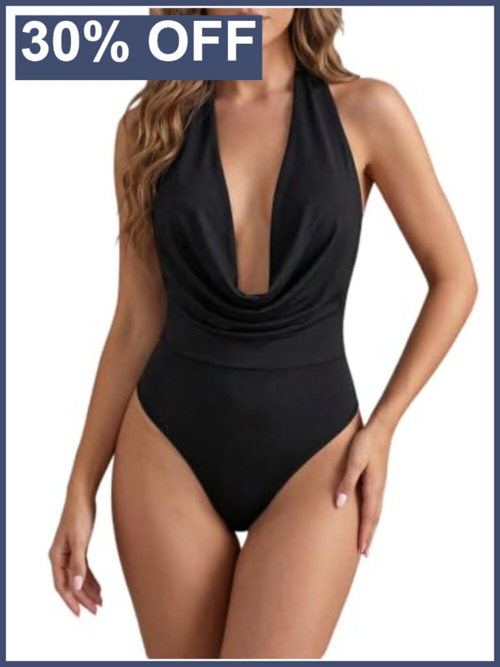 Women's Draped Cowl Neck Sleeveless Ruched Halter Tank Bodysuit Top
